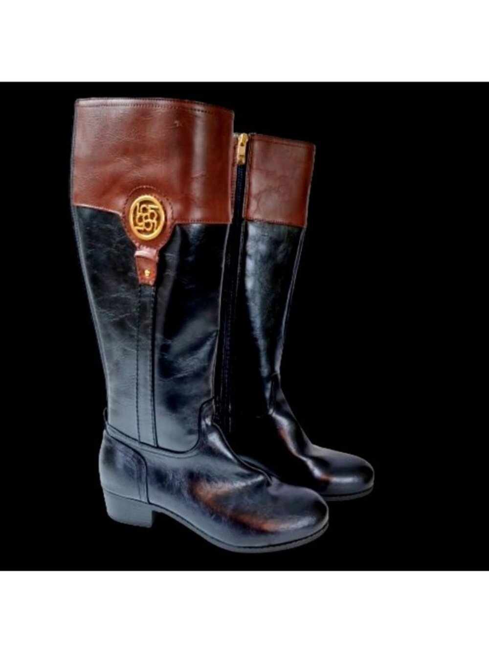 Riding Boots NWT Liz Claiborne Black Brown Tall Modern Preppy  Zip Women 7.5